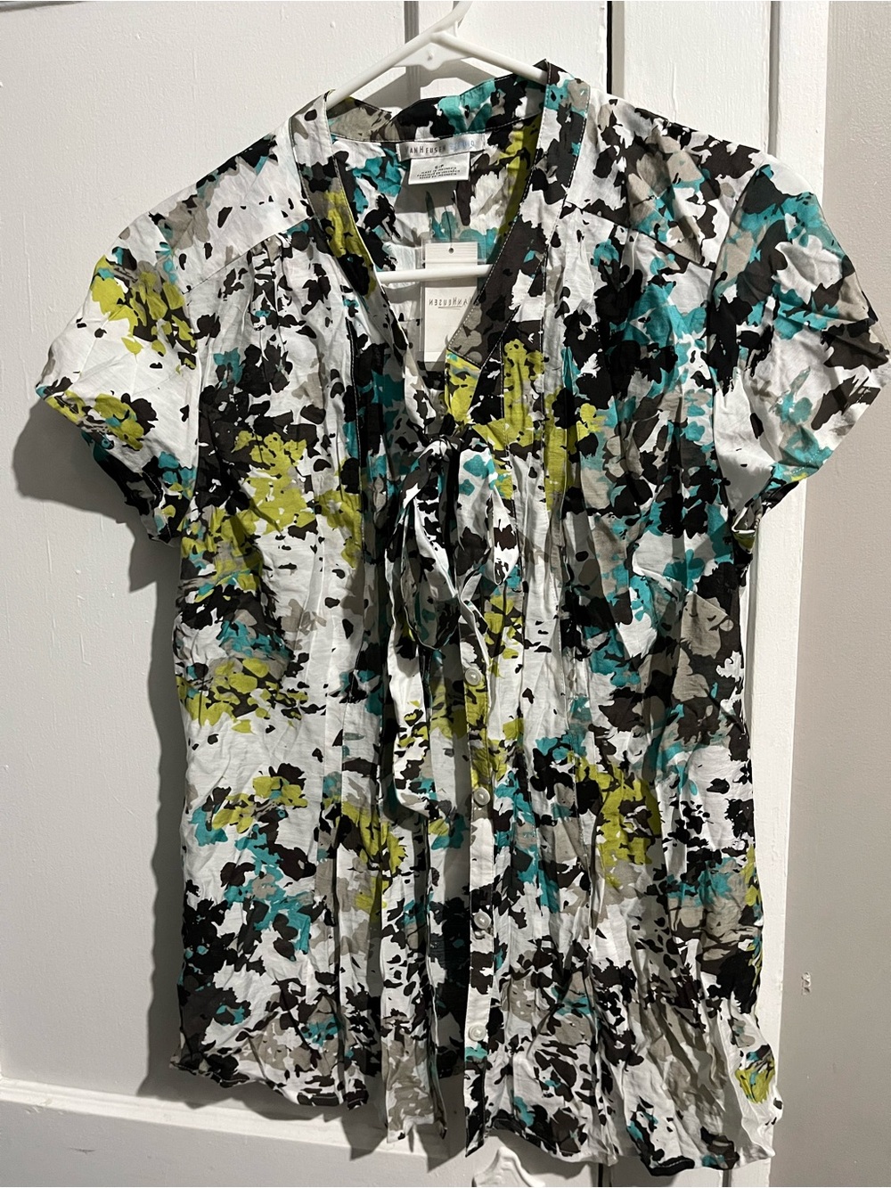 Van Heusen White Floral Tie-Neck Short Sleeve Blouse with Teal & Lime Accents